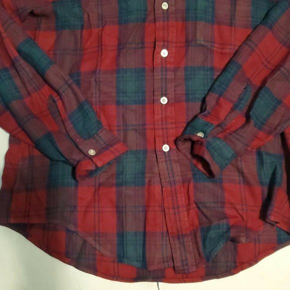 Vintage VAN HEUSEN Vanopress Wool Flannel Loop Collar Red Green Plaid Shirt Sz M - Picture 5 of 8
